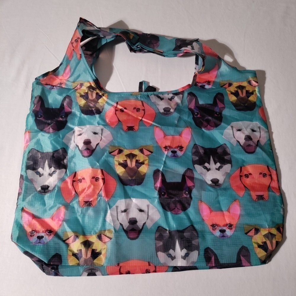 BeeGreen  Reusable Nylon Shopping Teal/ Blue Tote Bag with Dog Faces All Over